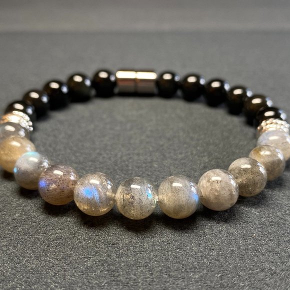 Natural Blue Flash Labradorite & Rainbow Obsidian Gemstone Healing Bead Bracelet - Picture 1 of 5